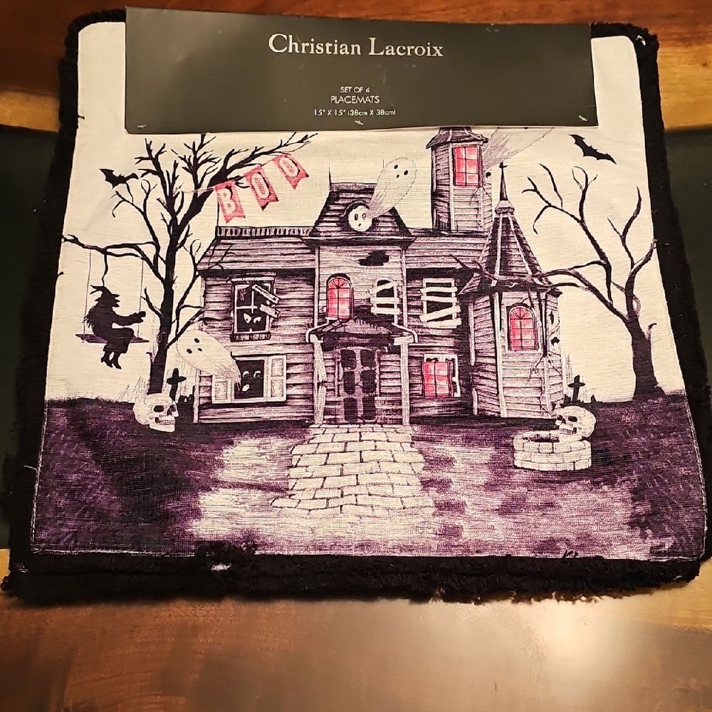 Christian Lacroix Spooky House Placements Black, White, and Pink Set(4)15x15 In